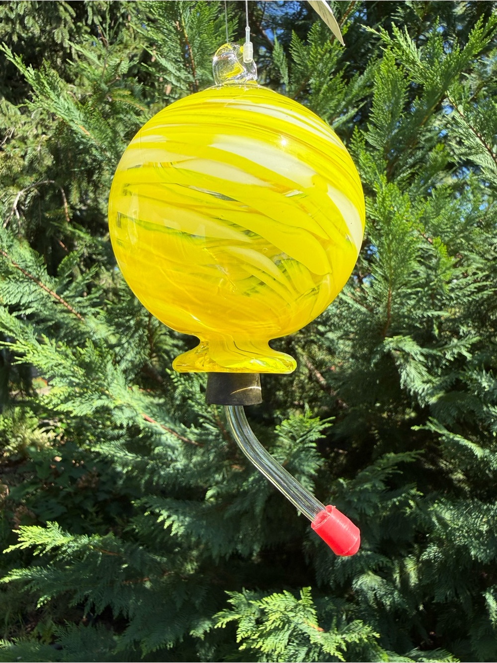 Blown glass hummingbird feeder garden decoration